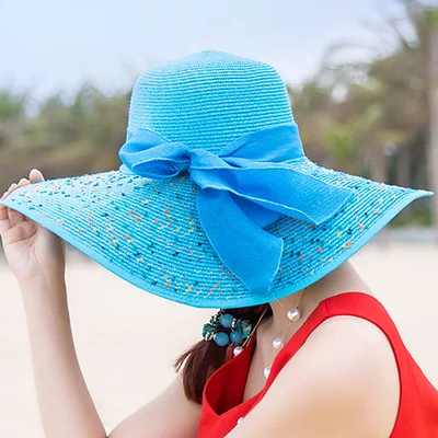 Wholesale colorful and stylish big folding straw hat with big floppy ribbon beach hat gorras verano 2020
