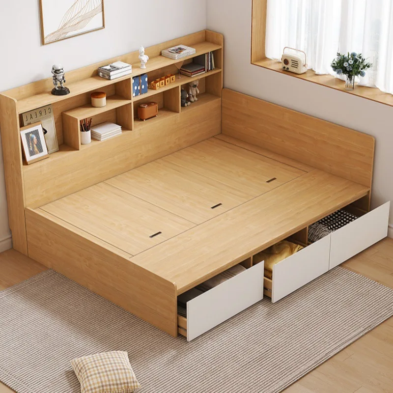 Modern minimalist multi-functional solid wood girls bed with shelves home bed frame king size set furniture bedroom