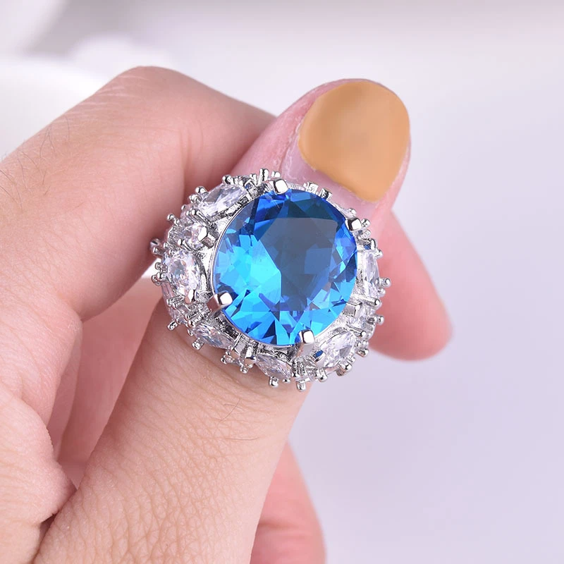 HOYON 925 Silver Color Sapphire Ring blue Diamond ring for Women Blue Topaz Gemstone Jewelry Pulseras De Plata De Mujer Ring
