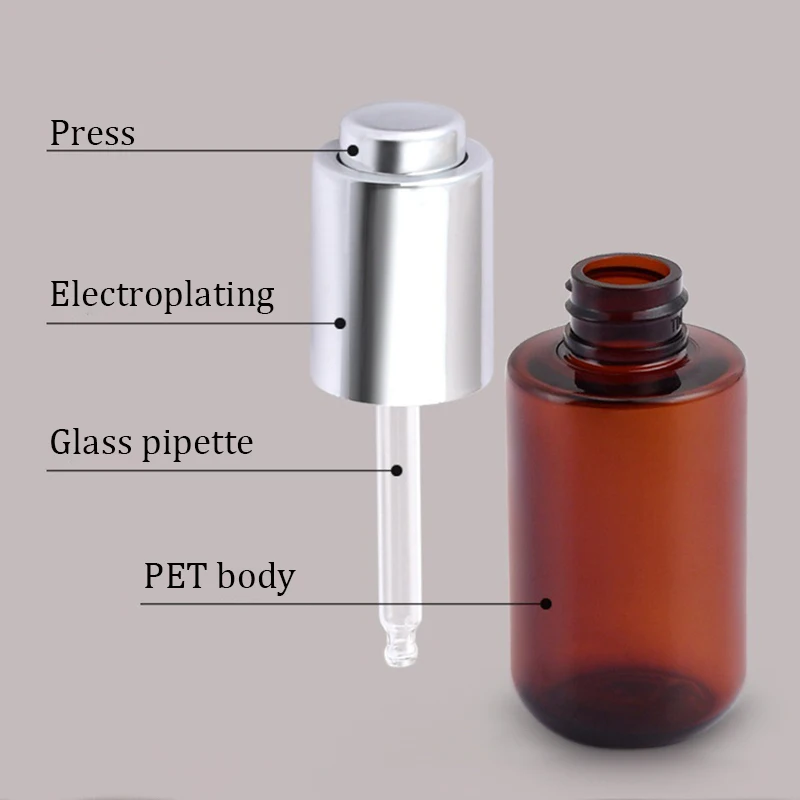 High Quality Luxury Cosmetic Amber Essential Oil Press Pump Dropper Bottle 50 ml