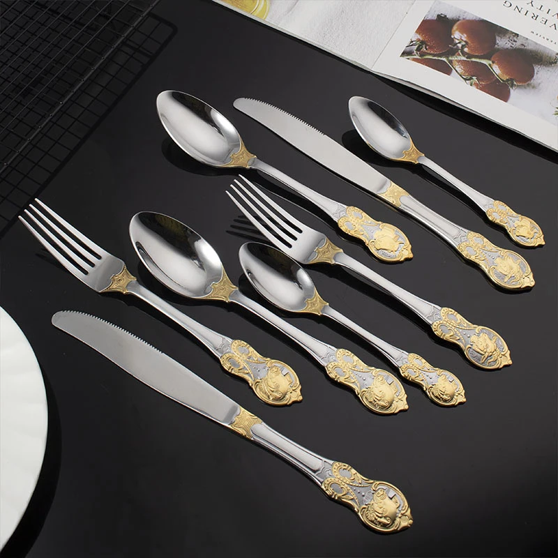 Vintage Senior Embossed Chinese Zodiac Stainless Steel Knife Spoon Fork Cutlery Set With Gift Box