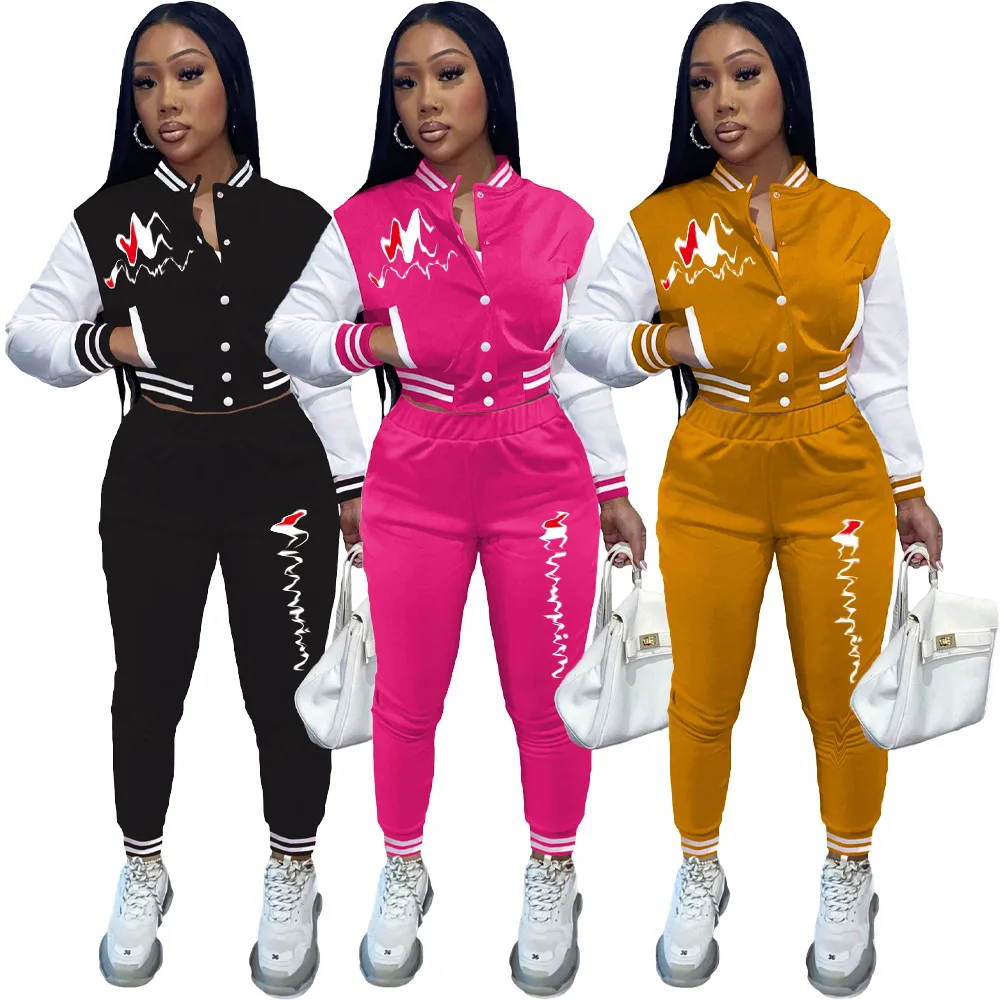 2022 women autumn baseball button up jacket with jogger pants designer famous brand baseball two piece set
