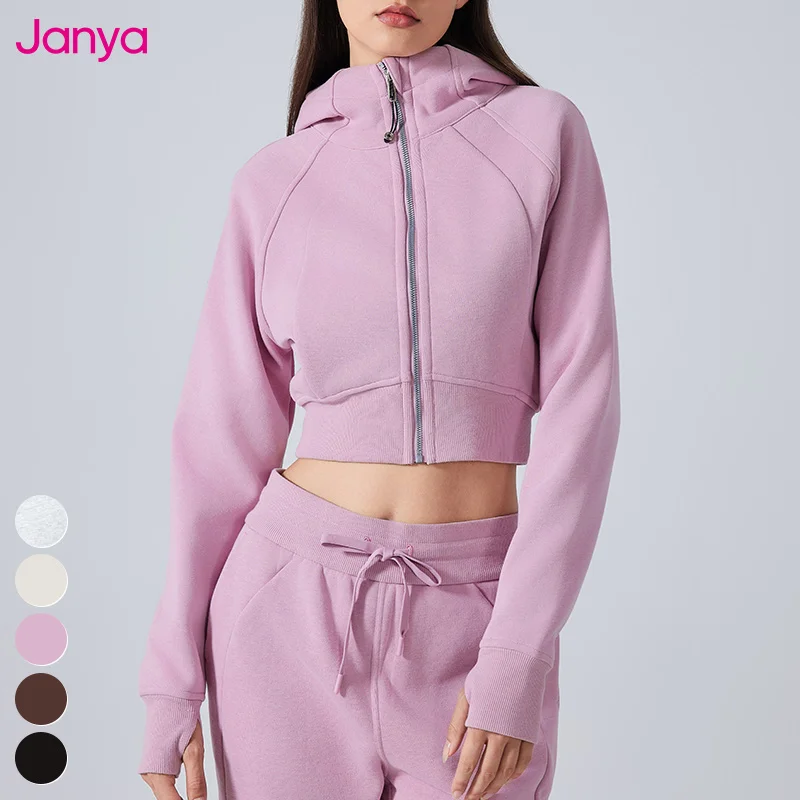 Long Sleeve Thumb Hole Casual Slim Hoodies Sweatshirts Short Fleece Zipper Hooded Sports Top Yoga Sweatshirt Jacket For Women