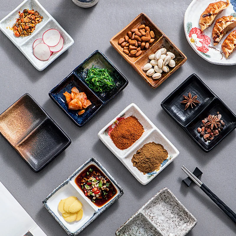 Japanese creative ceramic two grid plate double grid plate personality hot pot divided grid dipping plate Korean barbecue soy sa