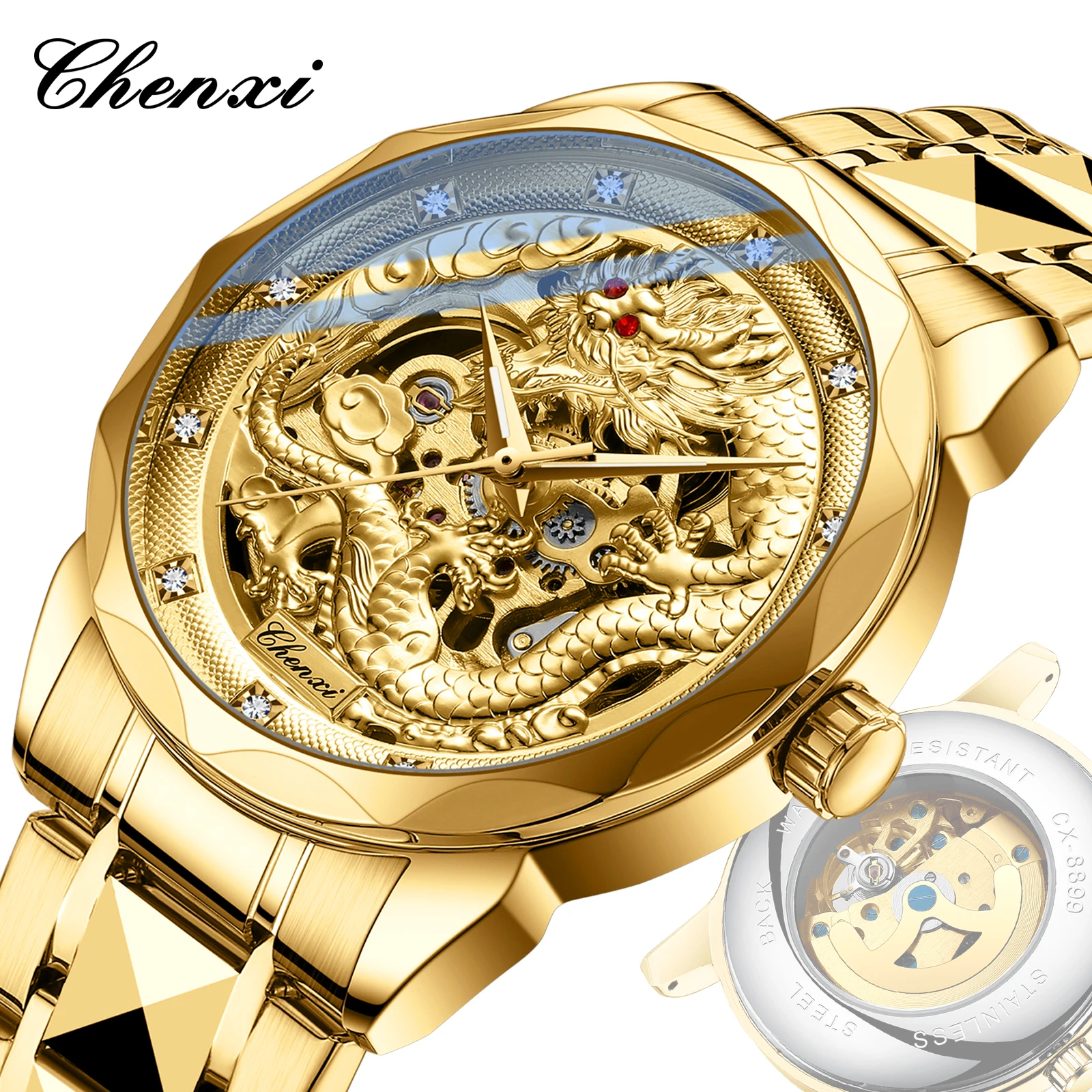 CHENXI 8899 Mechanical Watch For Men Dragon element Hollow Skeleton Auto Date Wristwatch Waterproof Luminous Luxury Man Watches