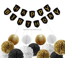 Черно-золотой баннер на день рождения с тканевыми помпонами и бумажным фонариком для украшения новогодней и новогодней вечеринки