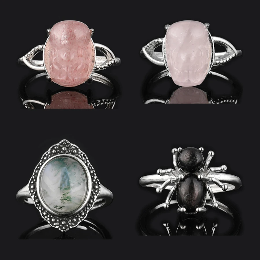 100% Natural Fluorite Gray moss agate strawberry quartz stone gem Ring for Women Crystal Quartz Gemstone Adjustable ring