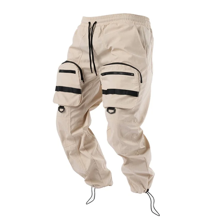 Custom OEM Manufacturer Zipper Pockets Drawstring Streetwear baggy Casual Mens Long parachute Cargo Pant for men Khaki Trousers