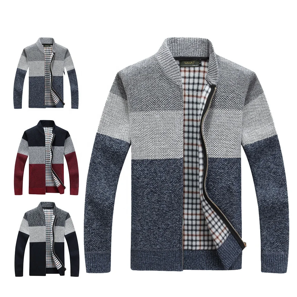 O Neck Long Sleeve Grey Color Block Zip Up Mens Cardigan Sweater For Men