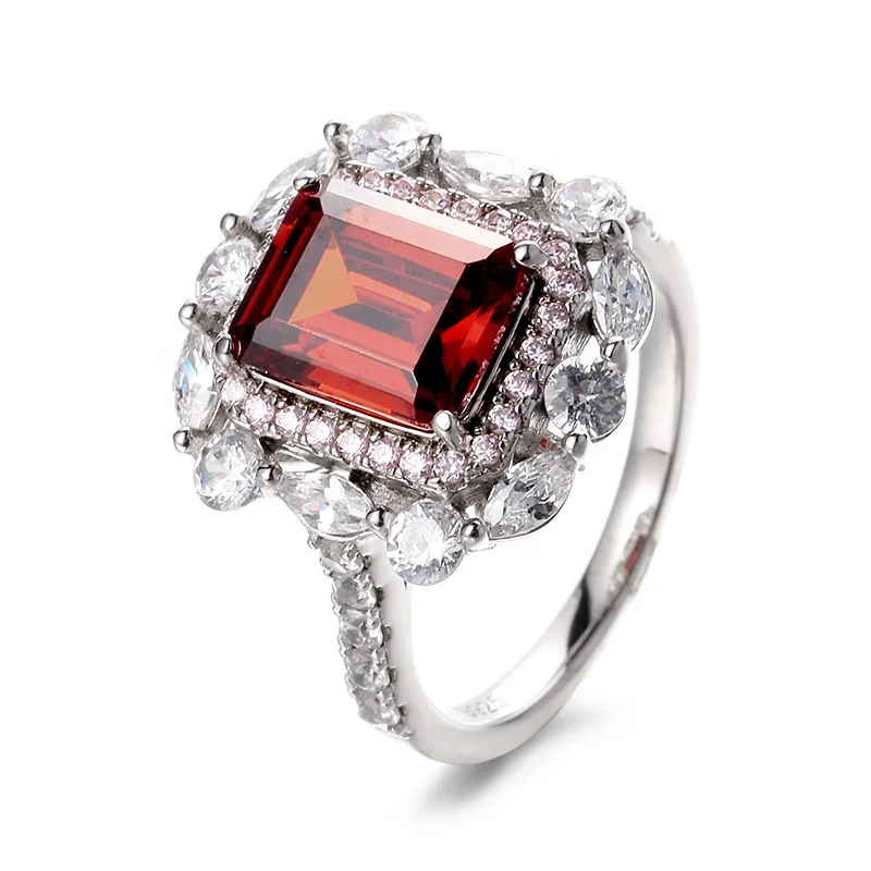 Factory Fine Jewelry Glam Rhodium Plated 925 Sterling Silver Emerald Cut Pigeon Blood Red Ruby Cocktail Ring For Women