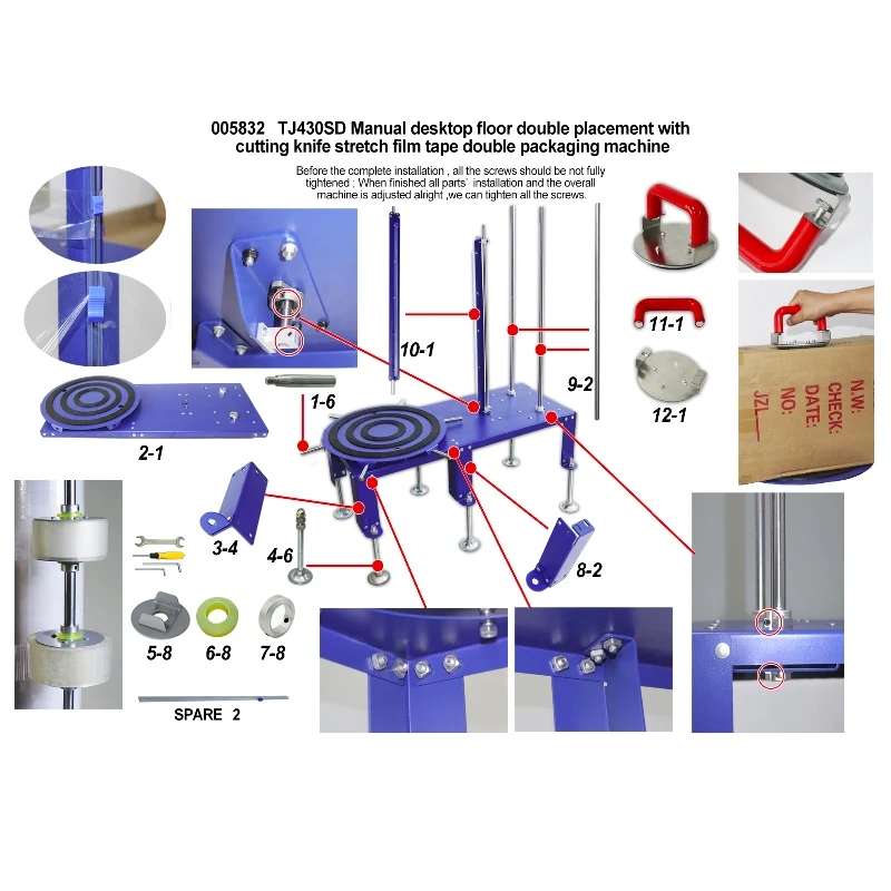 Manual desktop table on, floor, double placement, with cutting knife, stretch film and tape, dual-use warping packaging machine