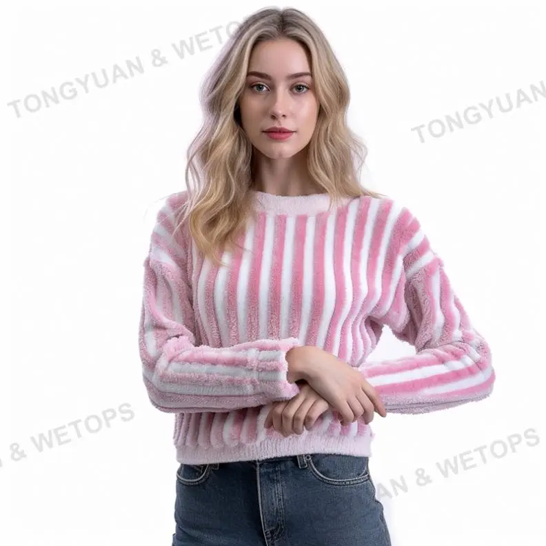 Hot Style Pink Color Chenille Pullover Candy Stripe Girls Sweater Women Pullover