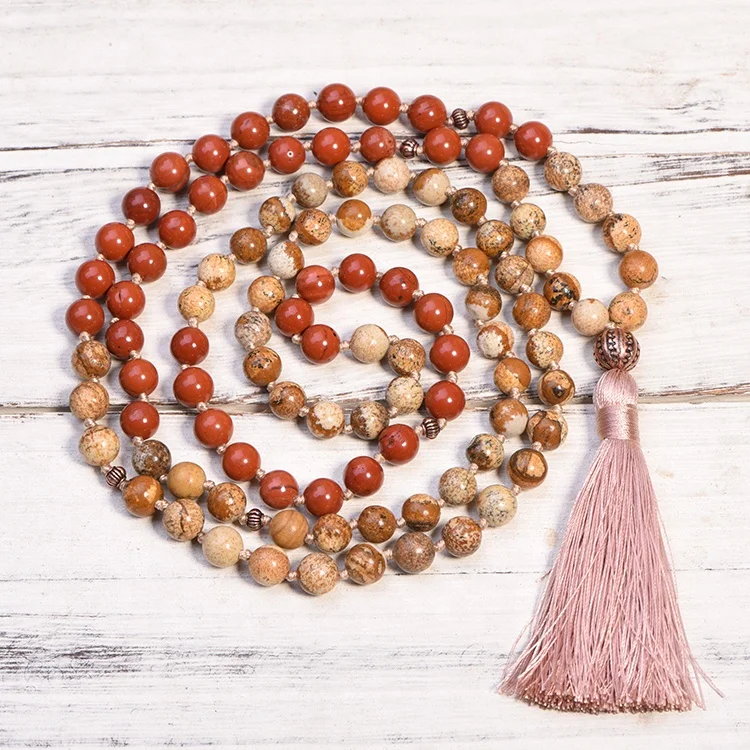 108 Mala Handmade Prayer Jewelry Natural Stone Beads Long Beaded Necklaces with Tassel mala