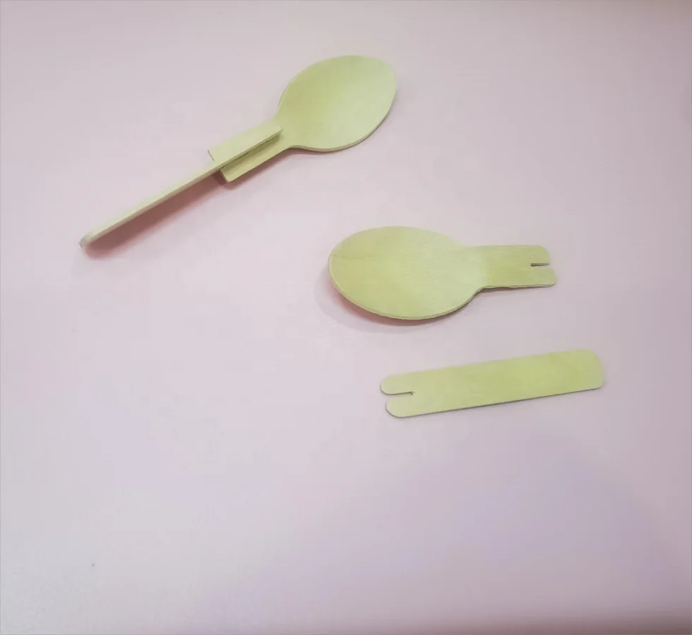 Disposable Wooden Bamboo Foldable Fork Due Spoon Fill The Cup Cap Biodegradable For ICE Cream Yogurt Oats Plastic