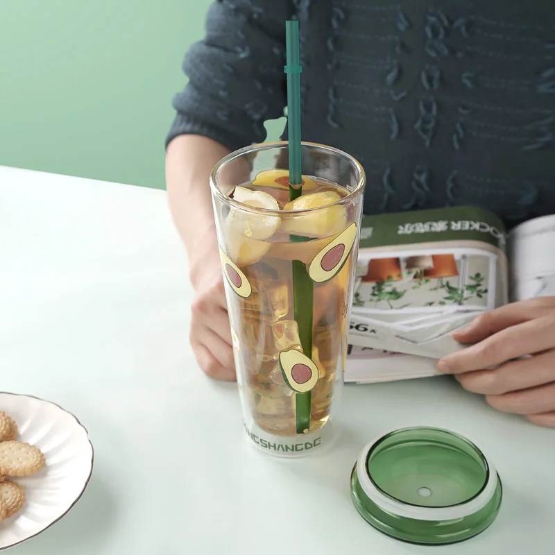 Northern Europe Ins Industry Style Double Wall glass cup Beer Coca Cold Water Drinks Cup Household Office Use with Straw and lid
