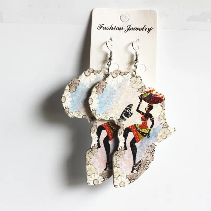 Wholesales fashion drop painted Africa wooden drop african map earings for women