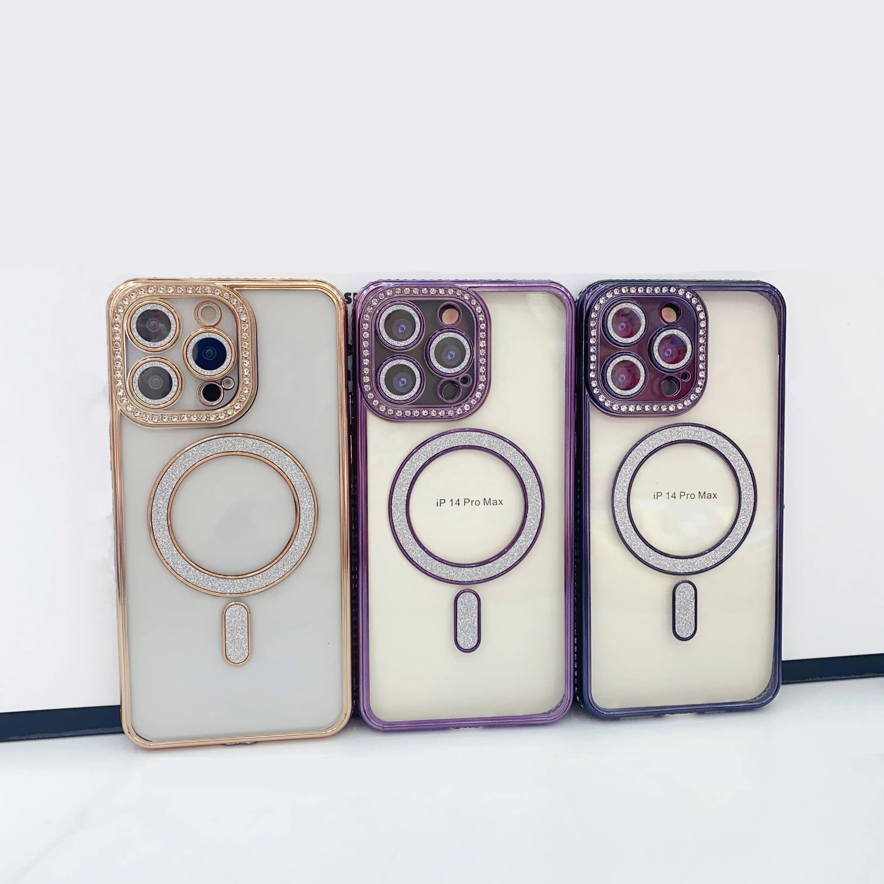 Electroplated Bright Diamond clear Phone Case Sparkling Powder Magnetic Ring Shockproof Luxury Case For iPhone 15 pro Max
