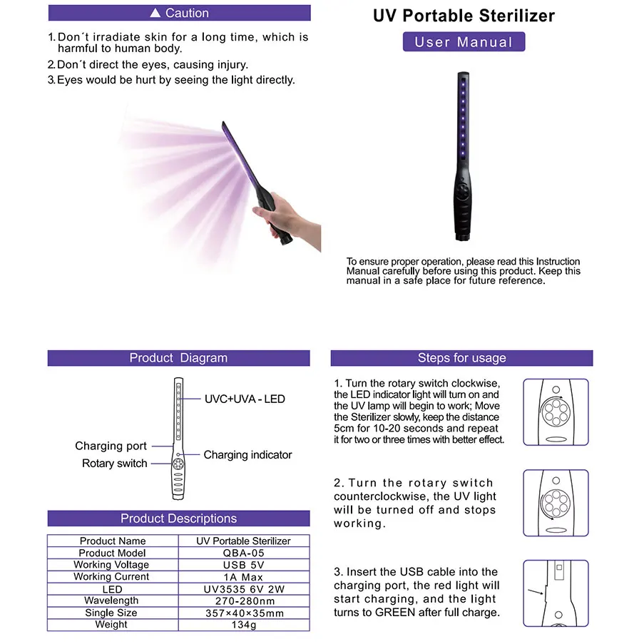 Portable Sterilize UV-C Light Germicidal Lamp UV Lamp Home Handheld Quartz Bacterium Disinfection UV LED Bulb Sterilizer