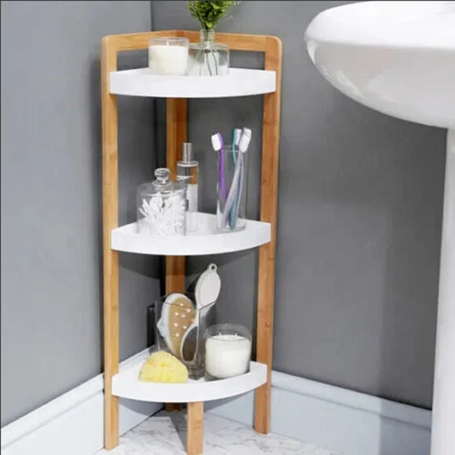 ZB BSCI Factory Bamboo 3 Tier Corner Shelf 3 Tier Freestanding Corner Shelf Rack Storage Caddy Organizer Bathroom