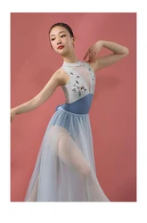 High Neck Collar Floral Embroidery Tank Leotards For Girls Sleeveless Bodysuit For Ballet Training Dancewear