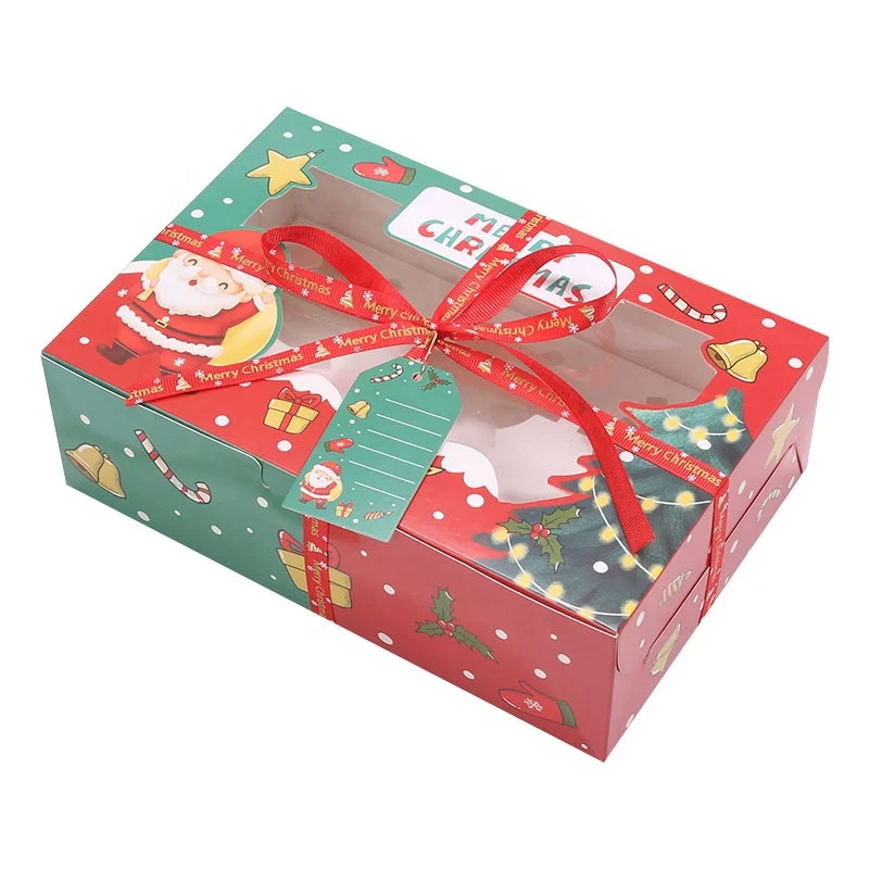 XJH 4/6/12 Holes Christmas Paper Cupcake Box with Clear Window Round Cake Bento Box with Insert and Clear Lid Jumbo Cupcake Box