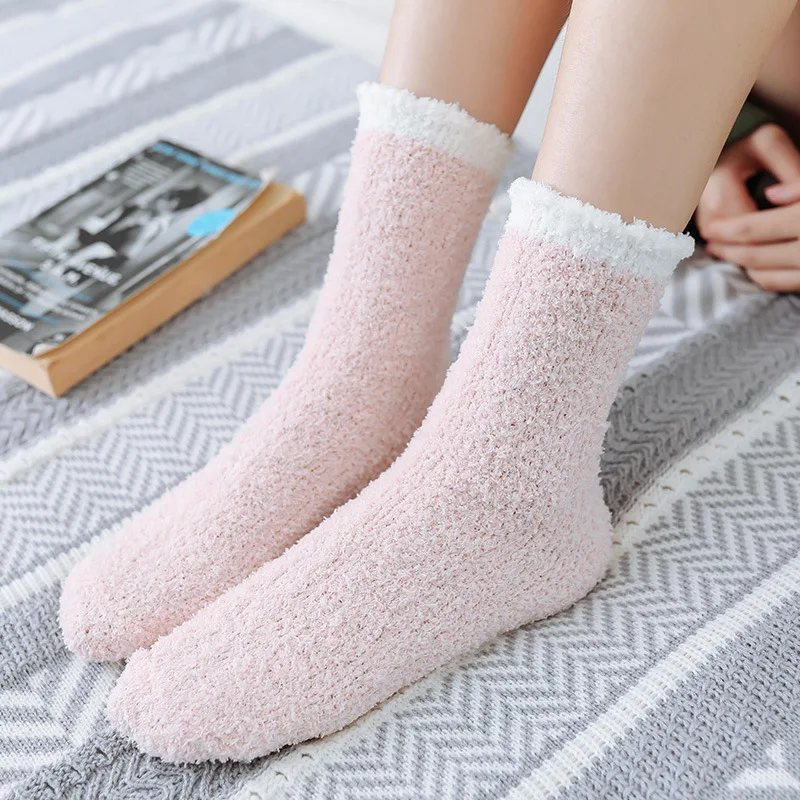 Wholesale Cozy Coral Fleece Fluffy Sleeping Socks Women Winter Folded Cuff Thick Warm Plush Fuzzy Socks