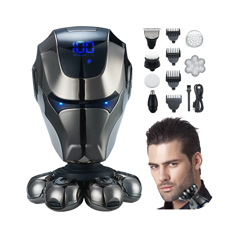 Free Sample Waterproof Electric Razor Rechargeable Head Shaver 5 in 1 Multifunctional Electric Head Shaver for Man