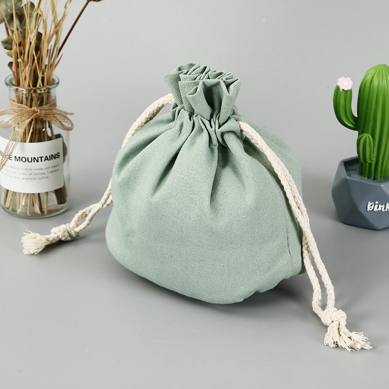Recyclable Custom Logo Small Large Round Bottom Organic Natural Green Cotton Bag For Storage Double String Pouch Dust Bag