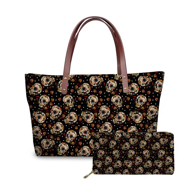Fashion Beautiful Gothic Sugar Skull Printed Shoulder Bag Women Luxury Handbags and Purses Set Women Bags
