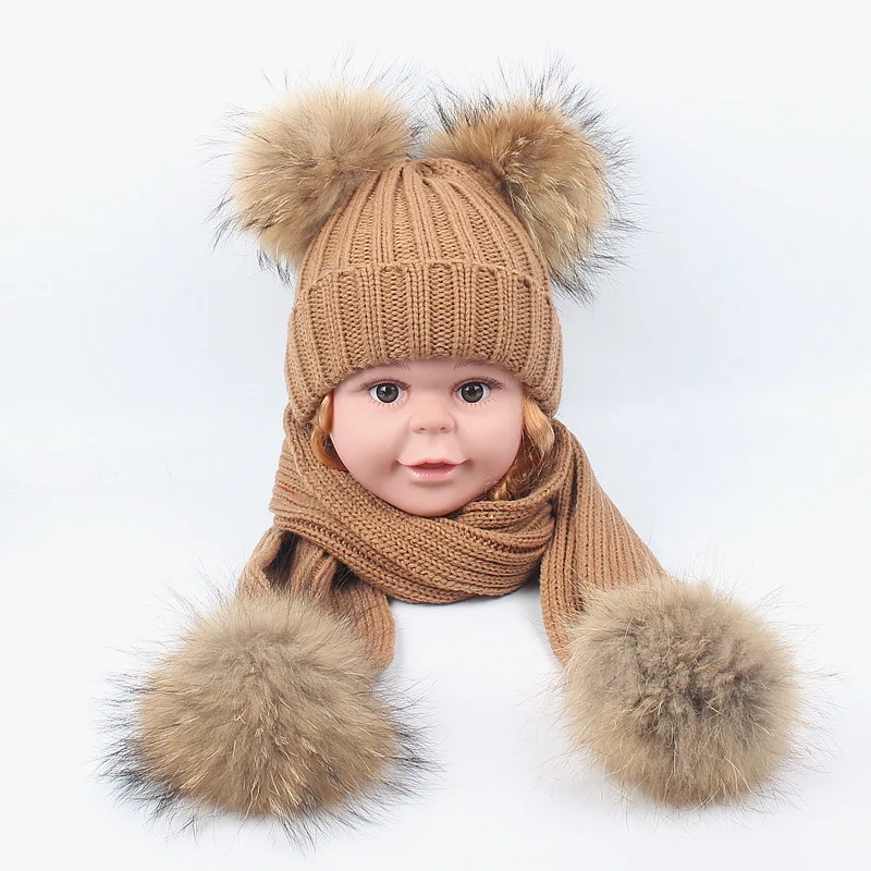 Kids winter hat scarf 2pcs set big fur poms beanie scarf set for kids 2-8 years Christmas gifts