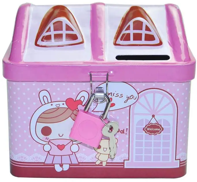 Promotional gift tin house shape money saving tin box with lock cartoon tin piggy bank