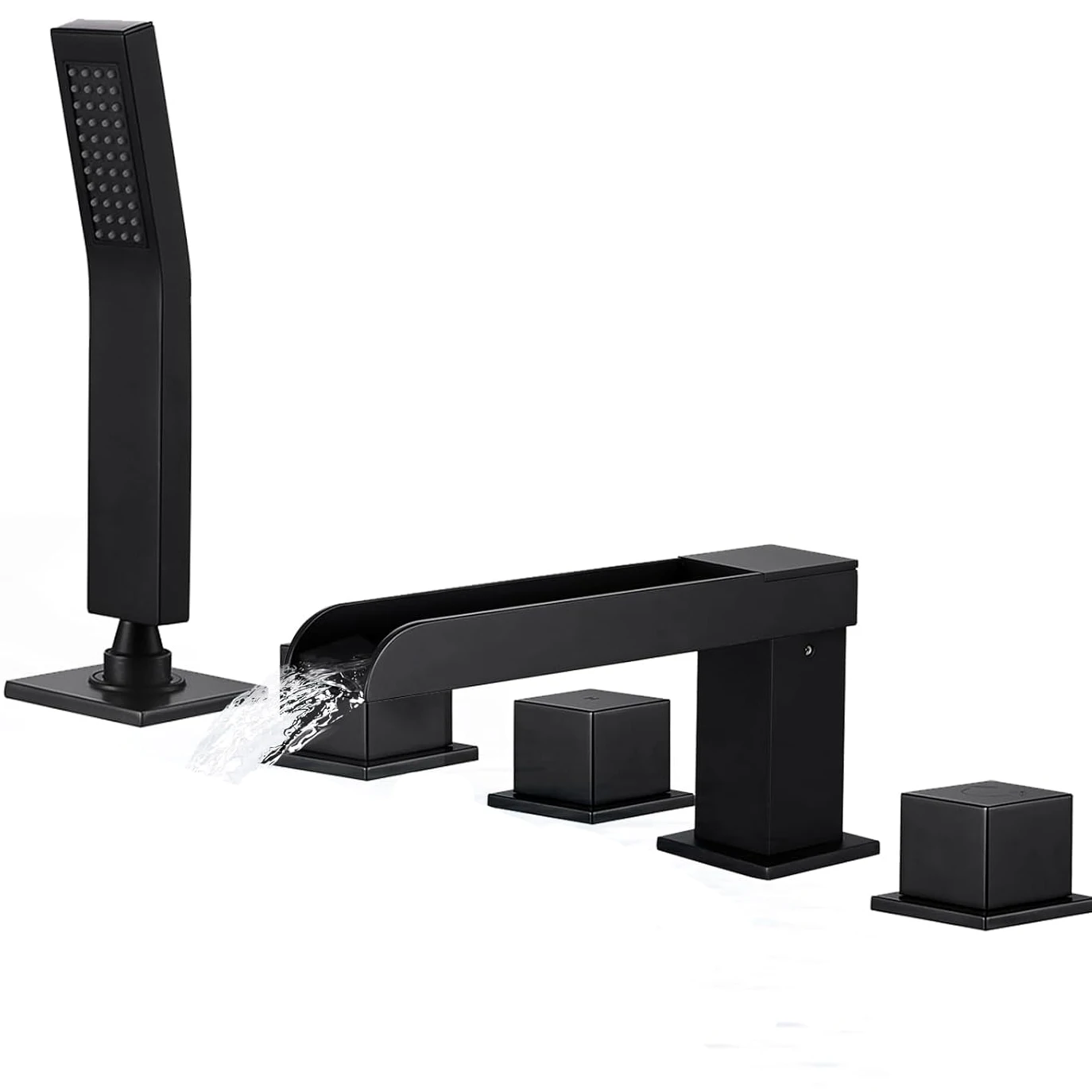 Bathroom Tub Filler 5 Piece Waterfall Bathtub Faucet Set 3 Handle Deck Mounted 5 Hole Tub Faucet with Handheld Shower Black