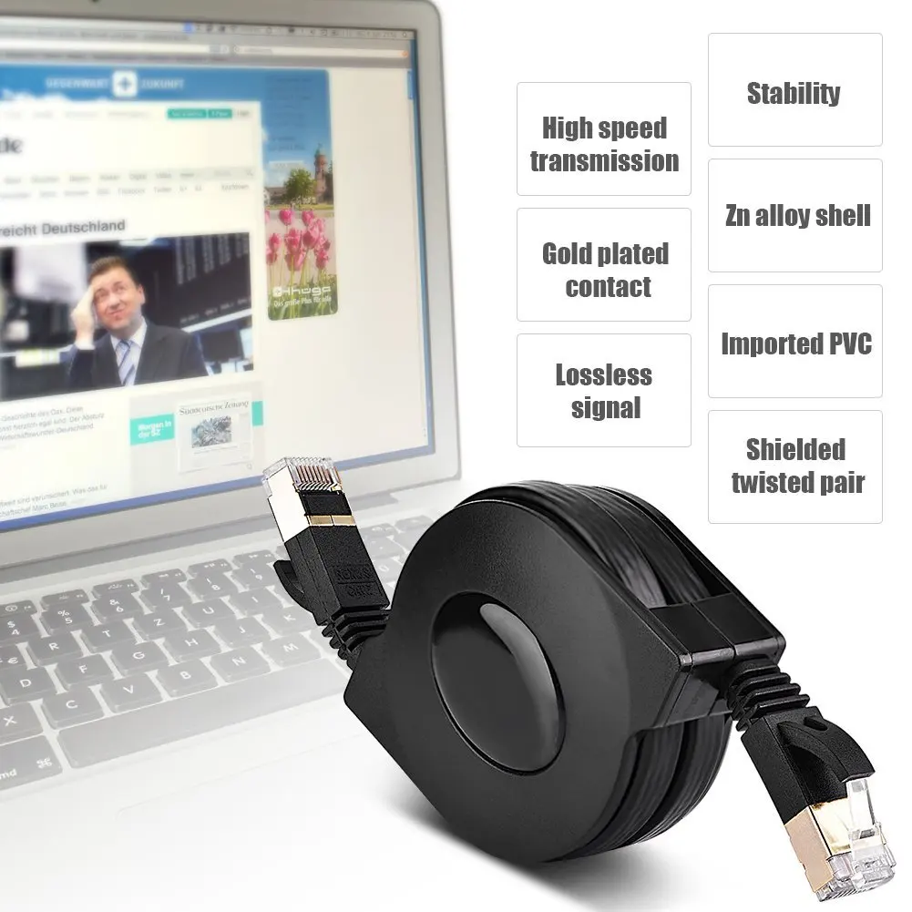 Extension-type CAT7 Ethernet Cable, Retractable CAT7 RJ45 600MHz Patch Shielded Flat Ethernet Cord