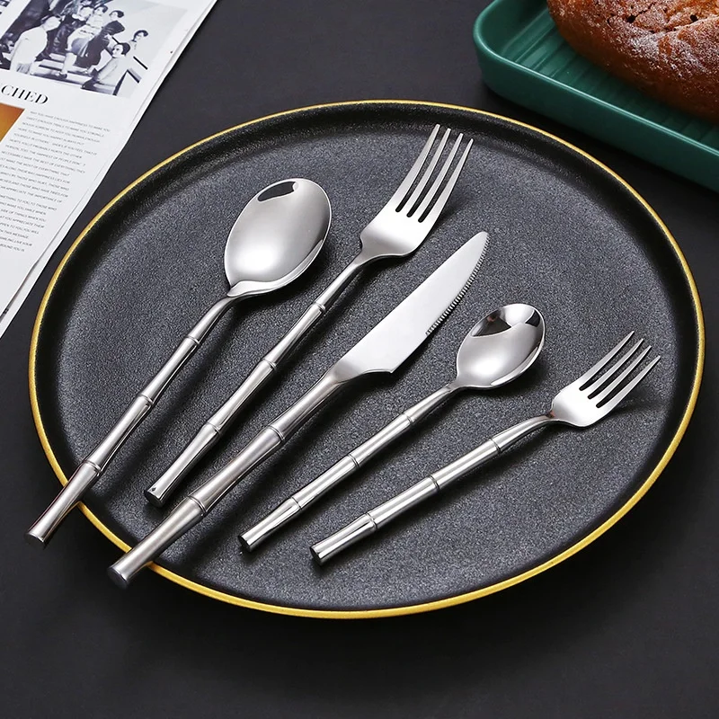 Stainless Steel Cutlery Set 304 Bamboo Creative Design Round Handle Hotel Cutlery 5 Piece Set Gift Set Box
