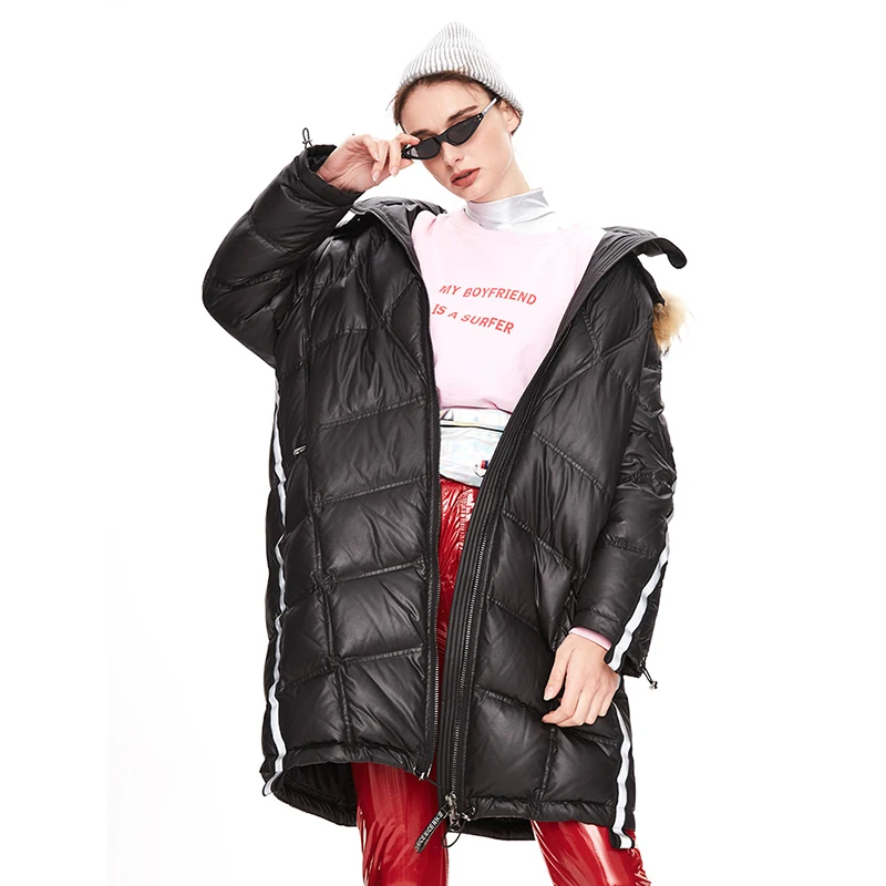 Women Medium-Length Raccoon Fur Collar Loose Ladies 90% Loose 90% Long White Puffer Duck Down Jacket Female Parkas