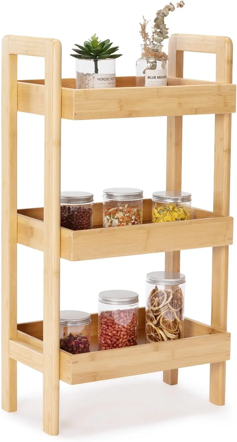 Bamboo  3-Tier Wooden Storage Shelf, Free Standing Small Bookshelves and Bookcases with Storage for Living Room and Office