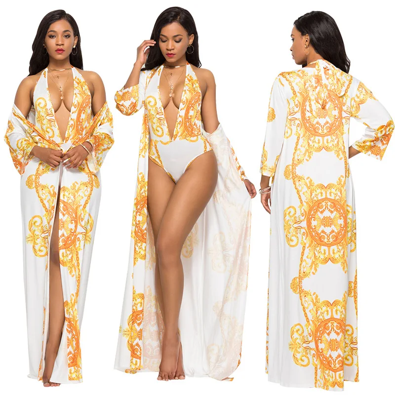 
Wholesale Amazon Europe And the United States Sexy Print Women Fashion beach long Coat Bikini Split Suit 