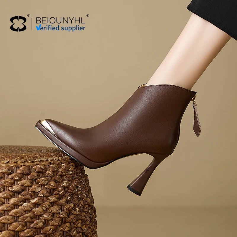 Genuine Leather Autumn Winter Heeled Boots Fashion Ankle Booties Sexy Thin High Heel Metal Pointed Toe Brown Booties