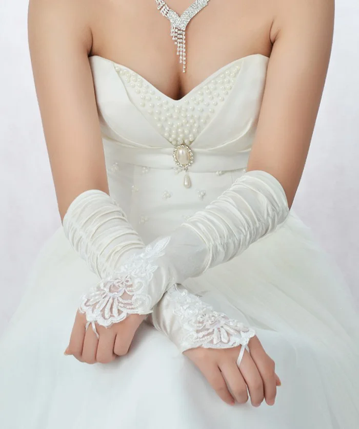 Fingerless Long White Gloves Pierced Elbow Length Satin Gloves Opera Evening Party 1920s Gloves for Women