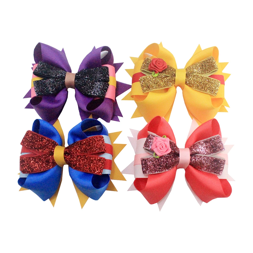 Hot cute baby princess hair bows with rose flower shining ribbon hair clip