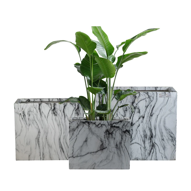 Home Office Decor Custom Large Square Planter Marbling Finishing Fiber Clay Long Flower Pot