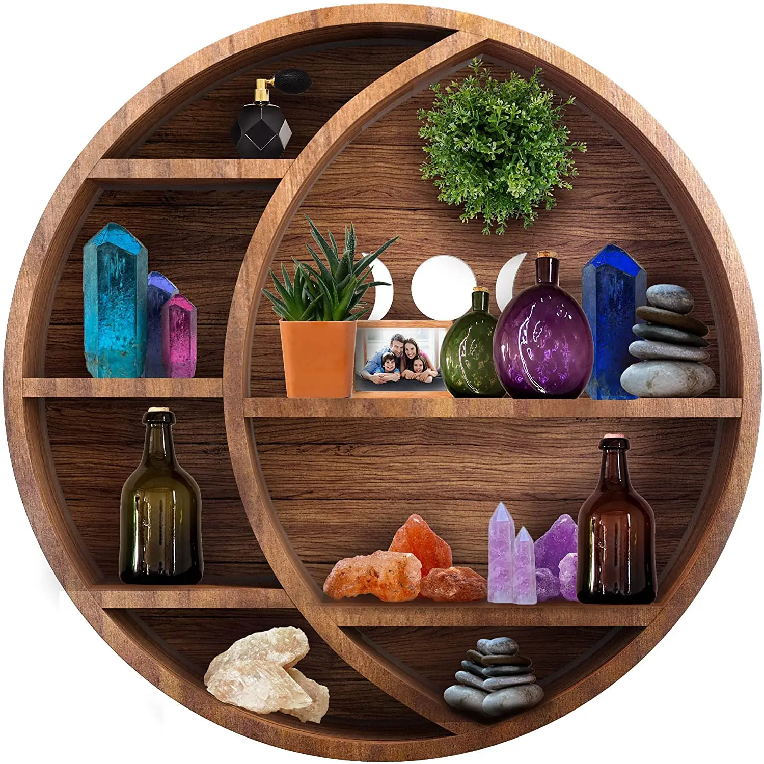 Large wood Shelf Moon Shelf Wall with 7 Spaces, Ideal Display Shelf for Crystals and Essential Oils.