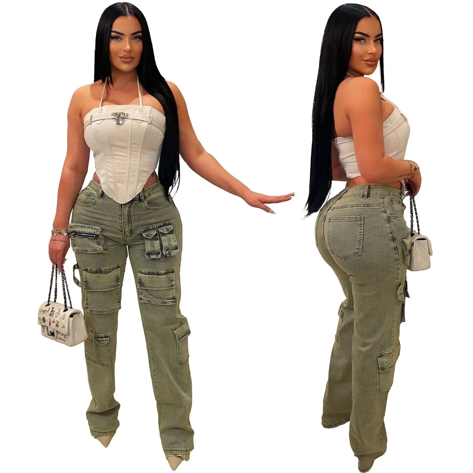 New retro low waist zipper multi-pack cargo denim fashion pants jeans jeans washed denim work pants