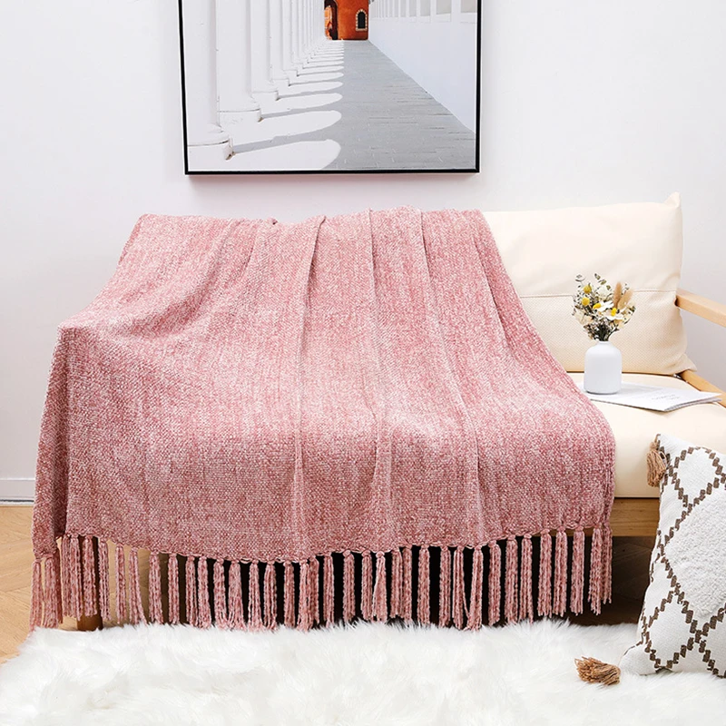 Luxury Woven Chenille Throw Blanket Manta Couverture Acrylic Decorative Travel Chenille Blanket With Tassels
