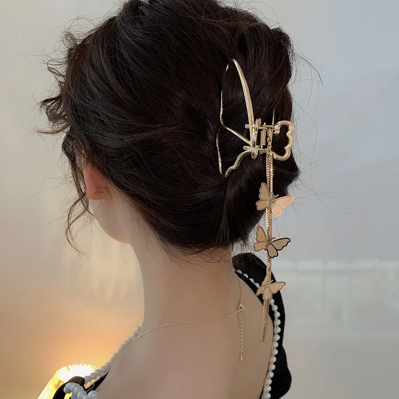 korean Girl Butterfly Pendant Tassel Hairpin Fashion Gold Plated Metal Butterfly Hair Claw Clip