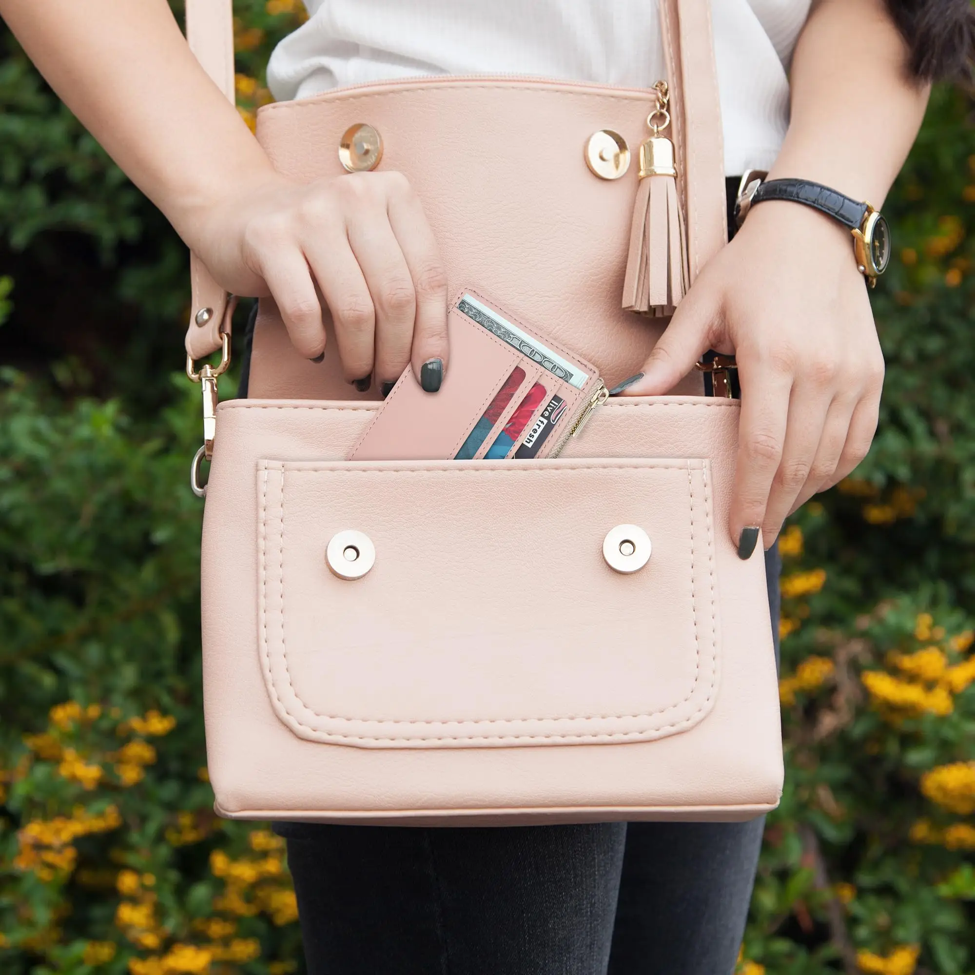 BSCI Women business Slim RFID Microfiber Leather Customized Card Holder Wallet With Keychain