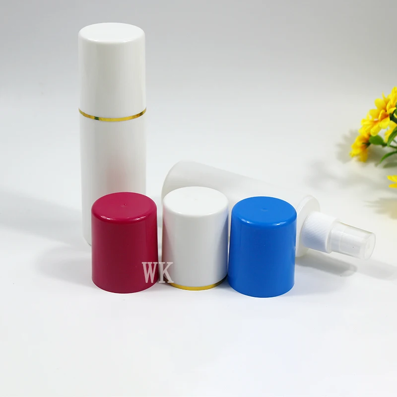 30ml 60ml 80ml 100ml PET Spray Bottle with Over cap Long Slim Round Shape Fine Mist Bottle with gold ring cap