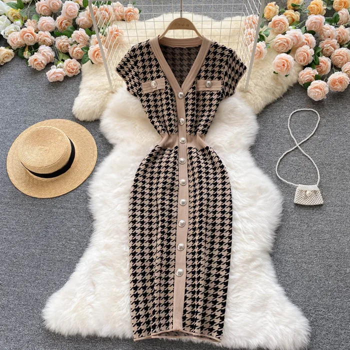 2022 Korean Fashion Classic Houndstooth Pattern Short Sleeve Knitted Dress Women Slim Dresses Clothing 8