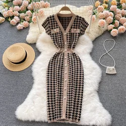 2022 Korean Fashion Classic Houndstooth Pattern Short Sleeve Knitted Dress Women Slim Dresses Clothing 8