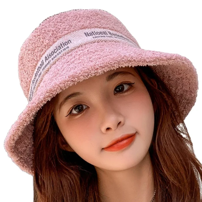 Fashion Popular Women Custom Logo Fishing Lamb Bucket hat Sherpa Fleece Bucket Hat Custom Sherpa  Bucket Hat